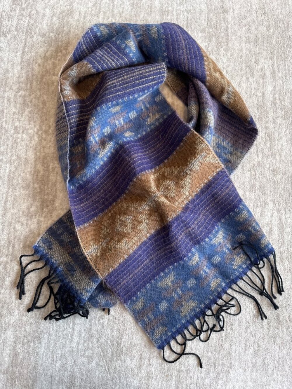 Cozy Aztec Print Blue Tan Woven Rectangle Women's Fashion Scarf with Fringe